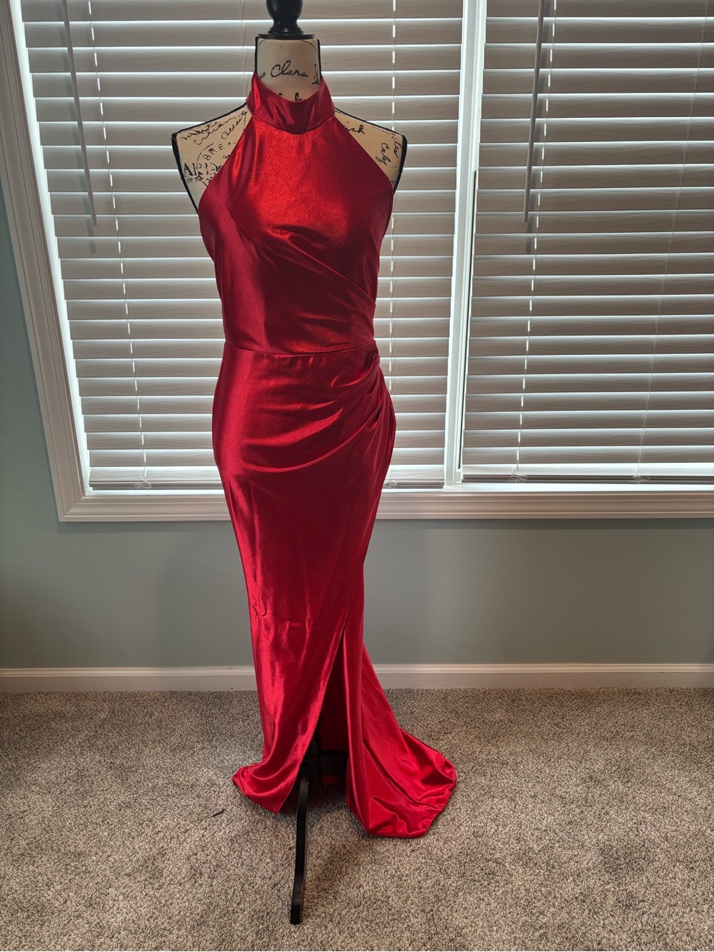 Red Satin Halter Evening Gown